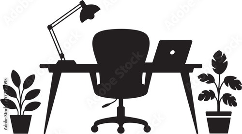 Office Desk Setup Silhouette with Chair, Laptop, Lamp, and Plants, Home Workspace Vector Icon
