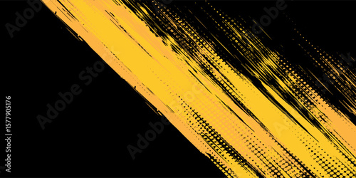 Black and yellow abstract background with brush stroke and halftone style. abstract grunge