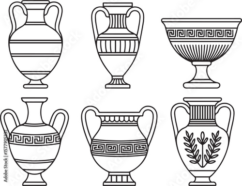 Set of Ancient Greek Vase and Pottery line art icons, Classical Amphora and Urn Vector Illustrations