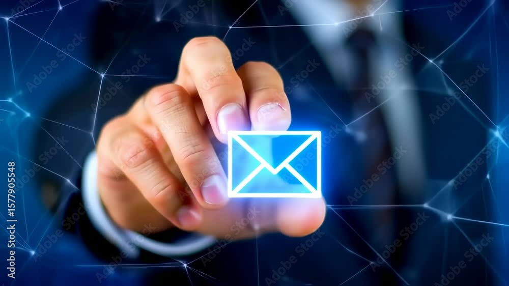 Digital Communication: Man Selects Glowing Email Icon, Network Background Digital Communication: Man Selects Glowing Email Icon, Network Background