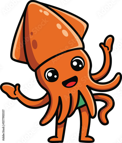 Cute orange squid cartoon character waving happy friendly underwater animal vector illustration 