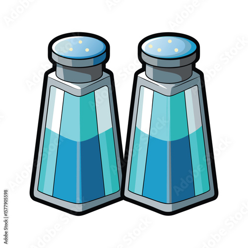 Clear glass salt and pepper shakers with white and black spices on a white background