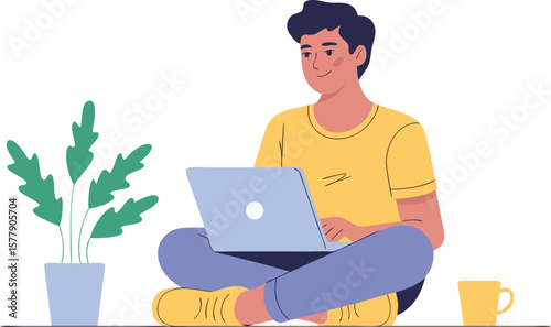 Relaxed young person working on laptop at home flat style vector art