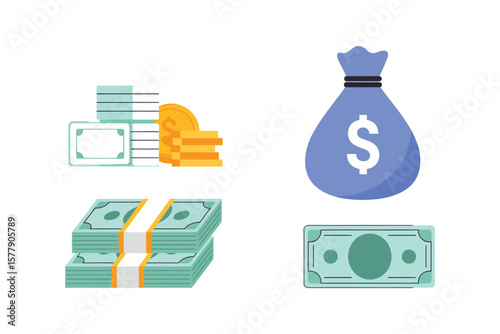 Money cash pile icon set with gold coins, dollar sack
