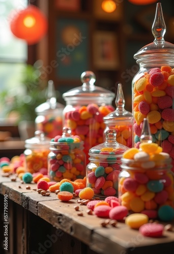 colorful candy jars overflowing sweets delights textures vibrant treats imaginative display, rainbow, lgbtq, lgbt, pride, love, equality, design, dessert