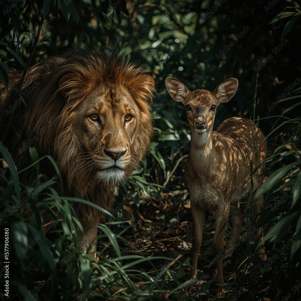 Fototapeta premium Majestic Lion Observing a Deer in Dense Tropical Forest Light and Shadow, Great for nature blogs, eco-tourism promotions, social media posts inspiring appreciation for biodiversity and natural habitat