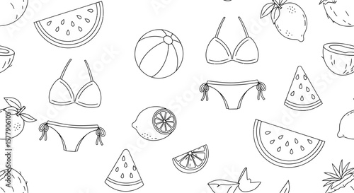 Summer themed outline pattern with watermelon slices citrus fruits bikini and beach ball.