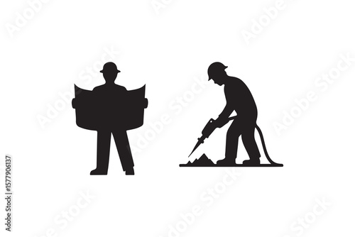 Silhouette of construction worker planning and working.This image features two contrasting silhouettes of construction workers.