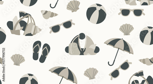 Stylized beach essentials pattern umbrellas sunglasses shells and beach balls.