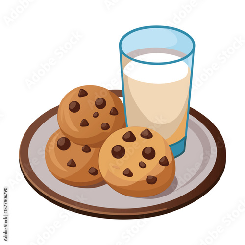 Freshly baked chocolate chip cookies and a tall glass of milk create a classic sweet snack or dessert