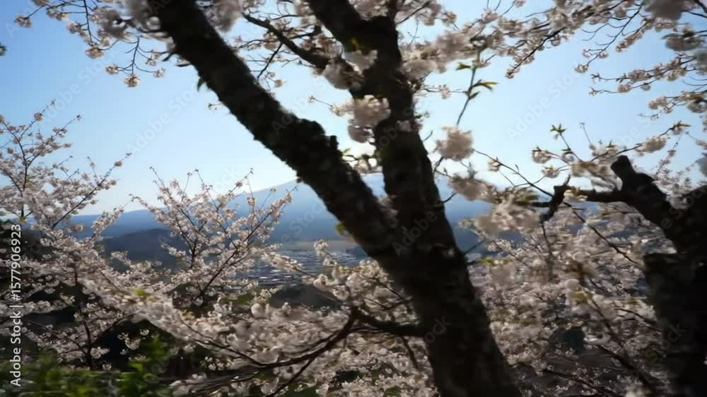 View of mount fuji through cherry blossom trees with blue sky in background on a sunny day scenery