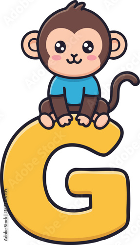 Cartoon monkey sitting on large yellow letter G cute animal illustration for children learning alphabet 