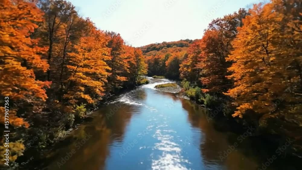 Aerial of River Flowing Through Autumn Forest with Colorful Trees- Peaceful River in Autumn Forest