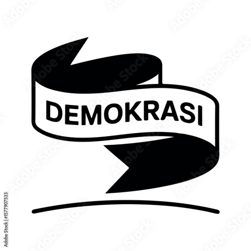 Black banner with text proclaiming democracy white ribbon