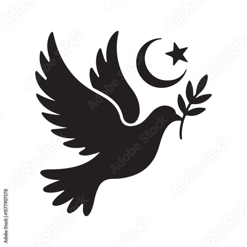 Black silhouette of a dove holding an olive branch with a crescent moon and star