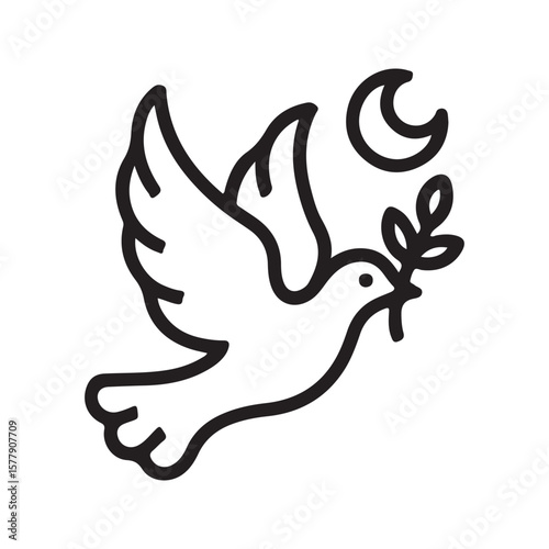 Dove flying with olive branch and crescent moon bird