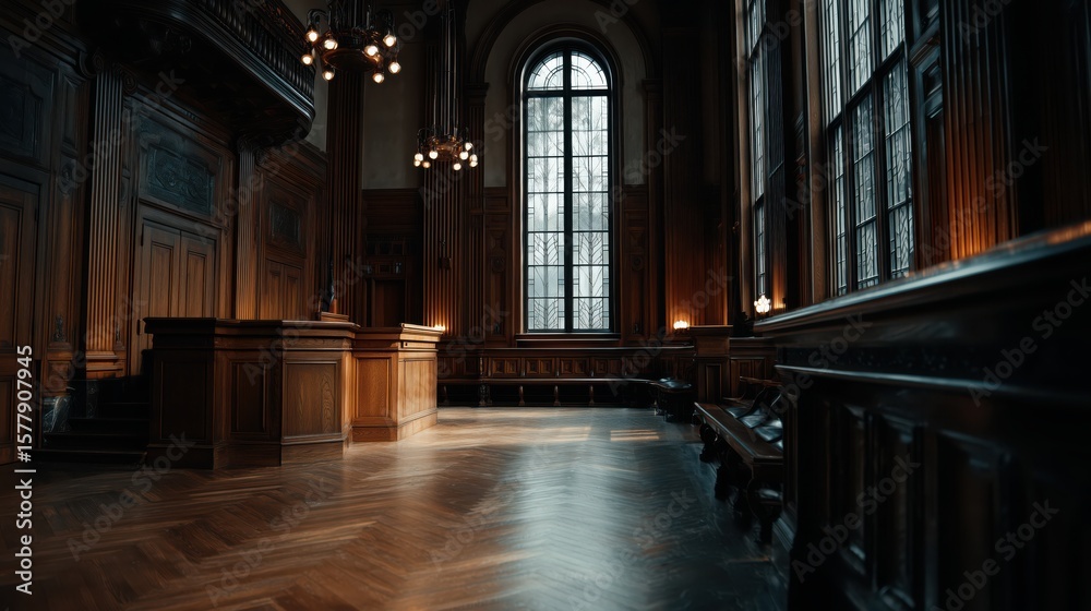 Fototapeta premium Elegant courtroom with towering windows and polished wood elements inviting contemplation and reflection on justice