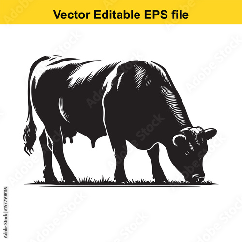 A silhouette cow/bull grazing in a grassy field, Black and white illustration