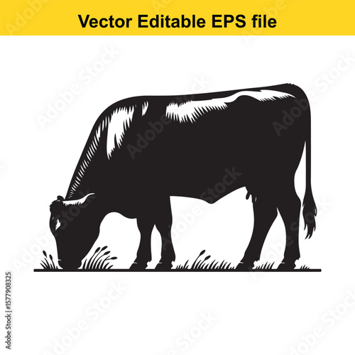 A silhouette cow/bull grazing in a grassy field, Black and white illustration
