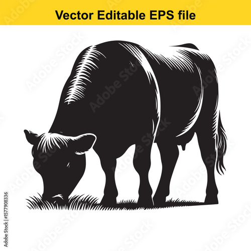 A silhouette cow/bull grazing in a grassy field, Black and white illustration