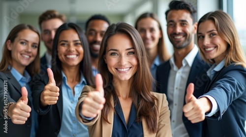 Enthusiastic and Diverse Business Team Giving Thumbs Up for Success and Approval.