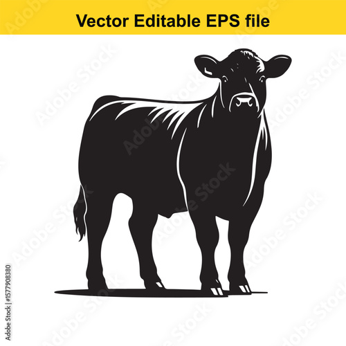 A silhouette cow/bull grazing in a grassy field, Black and white illustration