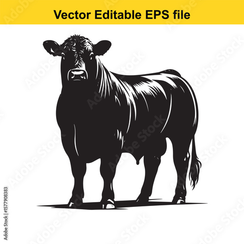 A silhouette cow/bull grazing in a grassy field, Black and white illustration