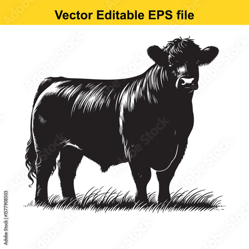 A silhouette cow/bull grazing in a grassy field, Black and white illustration