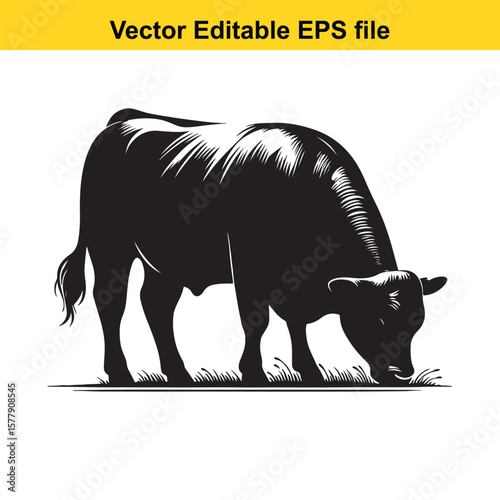 A silhouette cow/bull grazing in a grassy field, Black and white illustration
