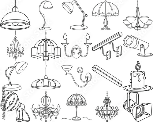 Set of icons featuring various types of lamps and lighting designs  