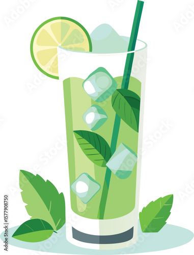 Refreshing Mojito Cocktail with Lime and Mint in Tall Glass, Summer Drink Illustration