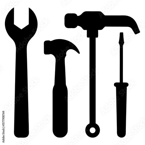 Various hand tools are displayed in black silhouette isolated on white background