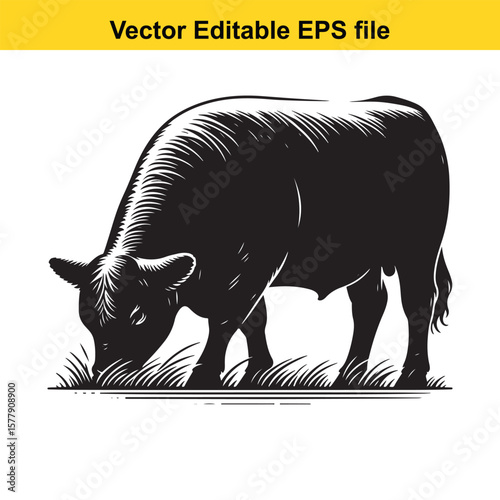 A silhouette cow/bull grazing in a grassy field, Black and white illustration
