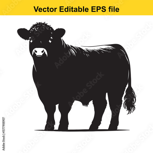 A silhouette cow/bull grazing in a grassy field, Black and white illustration
