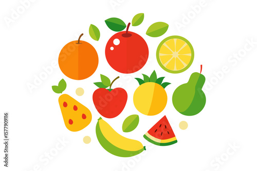 Vibrant flat design assortment of fresh fruits and leaves arranged in a circle