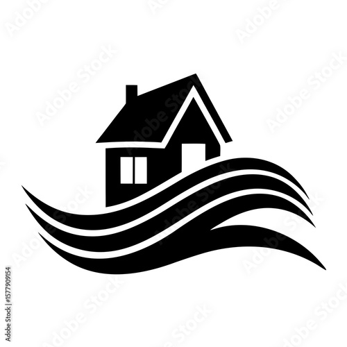 Black silhouette of a house surrounded by waves, isolated on white background