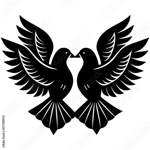 Two doves are facing each other with their wings spread wide