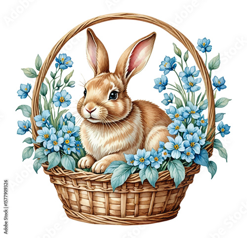 Watercolor cute bunny in a basket of flowers. Vector illustration