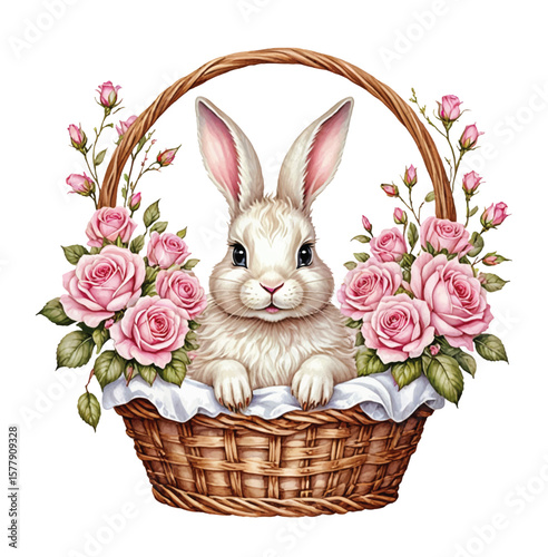Watercolor cute bunny in a basket of flowers. Vector illustration
