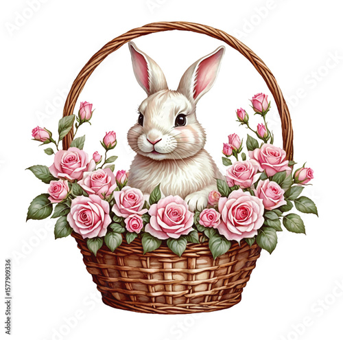 Watercolor cute bunny in a basket of flowers. Vector illustration