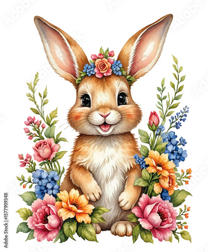 Cute vintage bunny on white background. Easter rabbit with spring flowers and leaves
