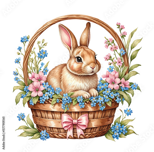 Watercolor cute bunny in a basket of flowers. Vector illustration