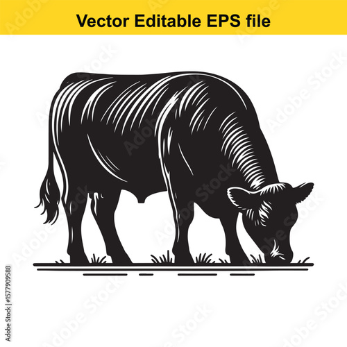 A silhouette cow/bull grazing in a grassy field, Black and white illustration