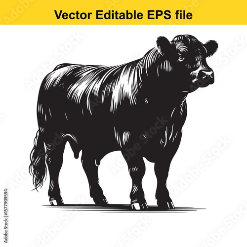 A silhouette cow/bull grazing in a grassy field, Black and white illustration