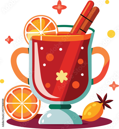 Delicious Festive Mulled Wine with Orange Slices and Cinnamon Sticks in a Glass Mug