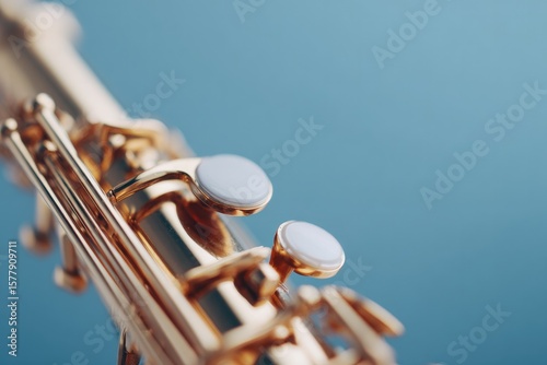 close-up of saxophone key mechanism in action with finger pressing pad under overhead studio lighting