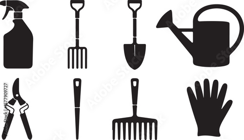 Garden tools watering can pruning shears rake gardening tools