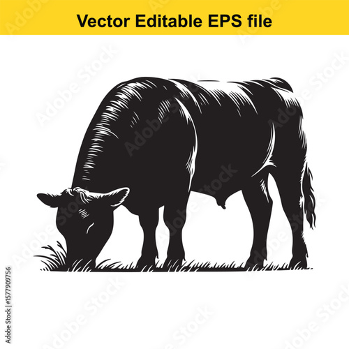 A silhouette cow/bull grazing in a grassy field, Black and white illustration