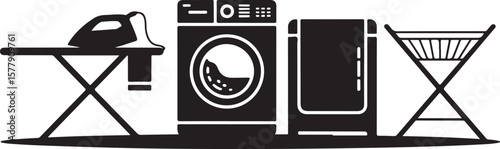 Ironing board washing machine dryer clothes rack black and white