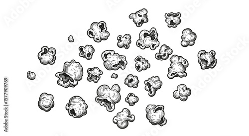 Vintage ink sketch of floating popcorn in the air clipart- hand drawn black and white vector illustration engraving svg